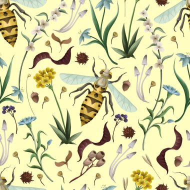 Eşek arısı ve çiçeklerle kusursuz desen. Vektör