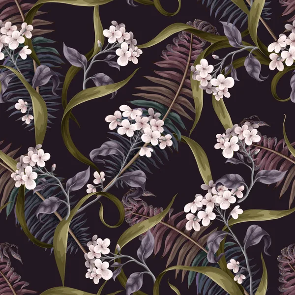 Seamless Pattern White Flowers Fern Leaves Botanical Illustration Vector — Stock Vector