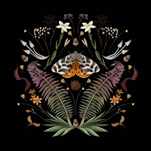 Εικονογράφηση Πεταλούδα Φτέρη Και Λουλούδια Διάνυσμα — Διανυσματικό Αρχείο