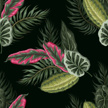 Tropikal yapraklarla canlı ve pürüzsüz bir desen. Vektör.