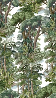 Orman ağaçlarıyla süslü, pürüzsüz bir şablon. Vektör