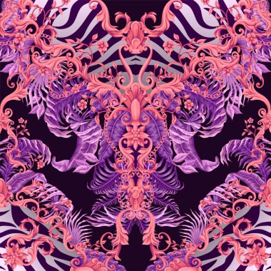 Tropikal yapraklar ve barok elementlerle sınır. Vektör