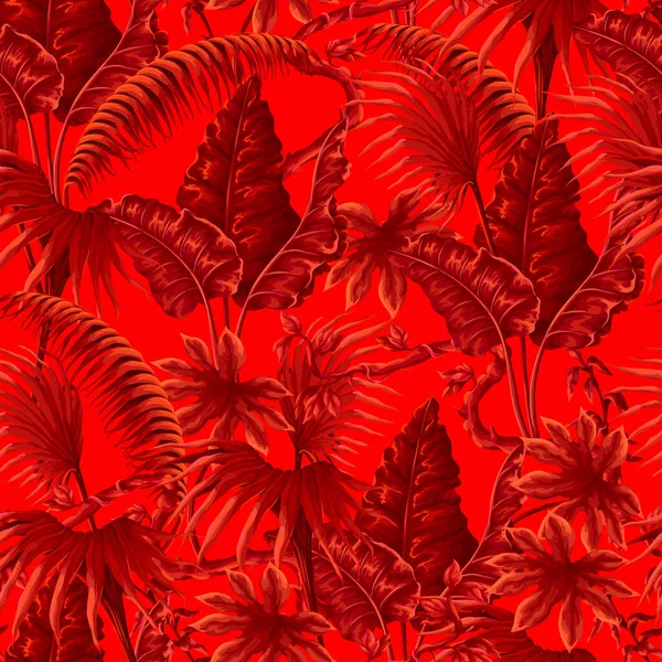 Seamless Red Pattern Jungle Plants Leaves Victorian Style Vector — Stock Vector