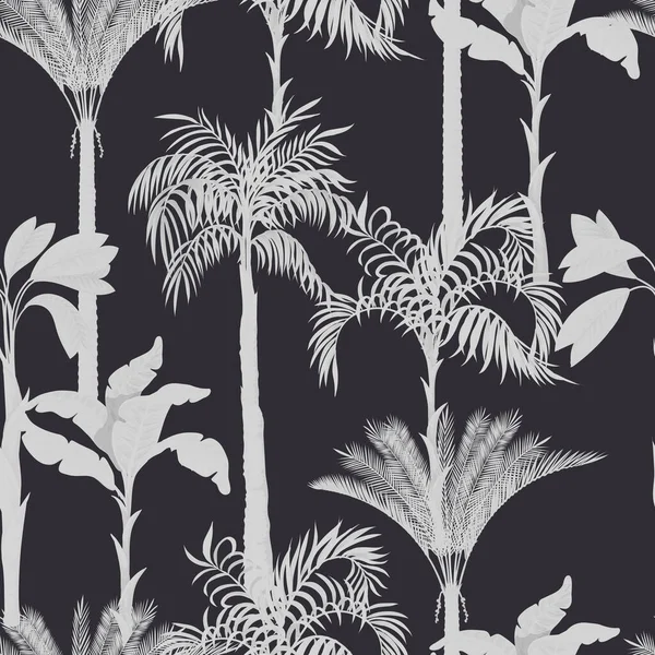 Бесшовный Рисунок Монохромными Силуэтами Пальм Тропических Деревьев Вектор — стоковый вектор