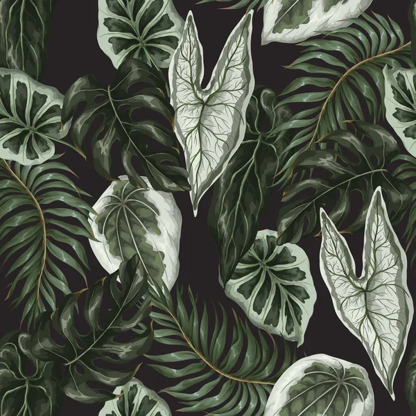 Бесшовный Рисунок Тропическими Листьями Черном Фоне Вектор — стоковый вектор