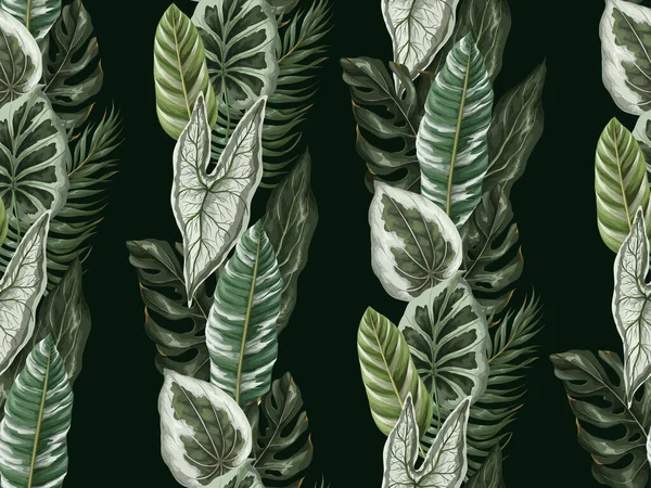 Бесшовный Рисунок Тропическими Листьями Черном Фоне Вектор — стоковый вектор