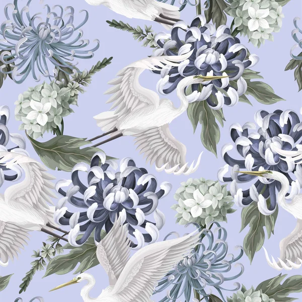 Seamless Pattern White Heron Chrysanthemum Golden Daisy Vector — Stock Vector