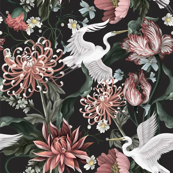 Seamless pattern with white heron and chrysanthemum, golden-daisy. Vector