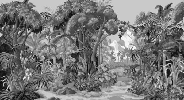 Paysage Jungle Écran Large Avec Montagne Rivière Arbres Monochrome Vecteur — Image vectorielle