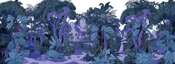 Weitläufige Dschungellandschaft Mit Bergen Flüssen Und Bäumen Blauer Farbe Vektor — Stockvektor