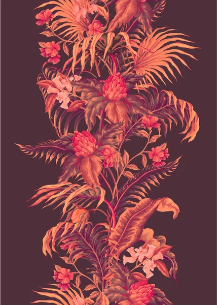 Bordure Feuilles Tropicales Plantes Fleurs Vecteur — Image vectorielle