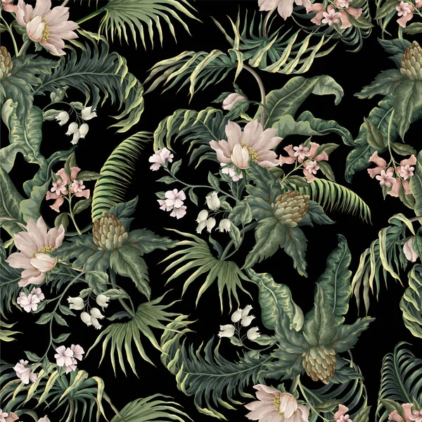 无缝图案 有热带树叶 植物和花朵 — 图库矢量图片