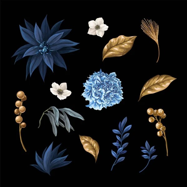 Блакитна Пуансетія Білі Квіти Золоті Елементи Ізольовані Векторні — стоковий вектор