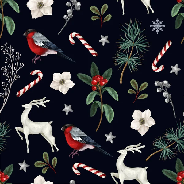 无缝隙的圣诞图案 有鹿角 牛翅和白花 — 图库矢量图片