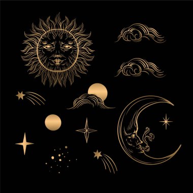 Altın renkli güneş ve ay izole edilmiş. Vektör