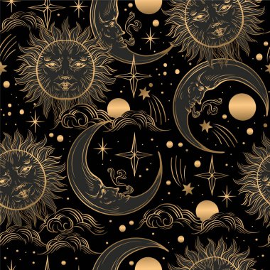Altın renkli güneş ve ay desenli kusursuz bir desen. Vektör