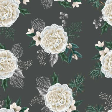 Beyaz güller ve gümüş elementlerle kusursuz bir Noel deseni. Vektör