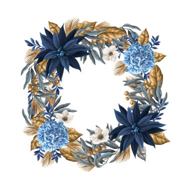 Mavi noktalı çelenk ve altın elementler. Vektör.