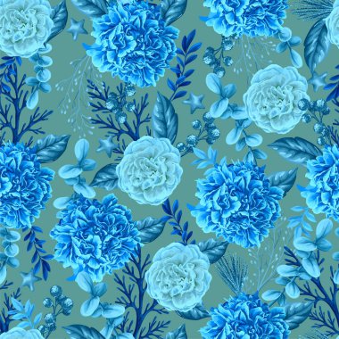 Beyaz ve mavi çiçekli kusursuz bir Noel deseni. Gümüş elementler. Vektör