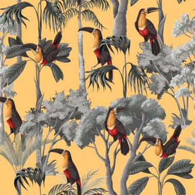 Tukanlar ve ağaçlarla kusursuz desen. Vektör