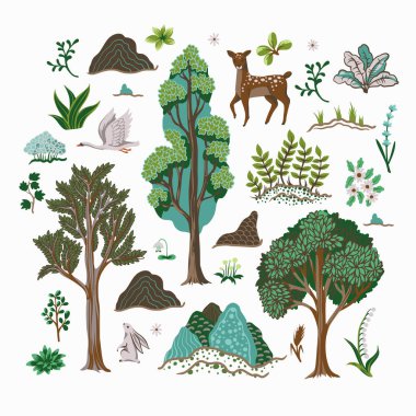 Kırsal ağaçlar, hayvanlar ve bitkiler izole edilmiş. Vektör