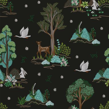 Ağaçlar, hayvanlar ve bitkilerle kusursuz bir kırsal düzen. Vektör