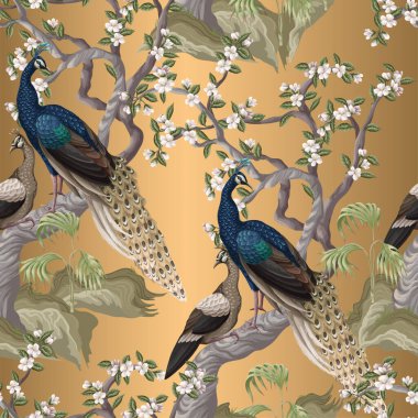 Tavus kuşları ve çiçek ağaçlarıyla Chinoiserie kusursuz desen. Vektör