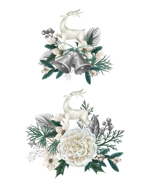 Elementos Navideños Como Ciervos Flores Blancas Campanas Aisladas Vector — Archivo Imágenes Vectoriales