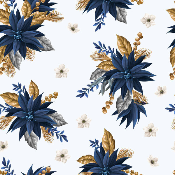 Seamless pattern with blue poinsettia and gold elements. Vector