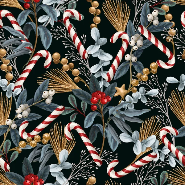 Modèle Noël Sans Couture Avec Des Bonbons Des Baies Des — Image vectorielle