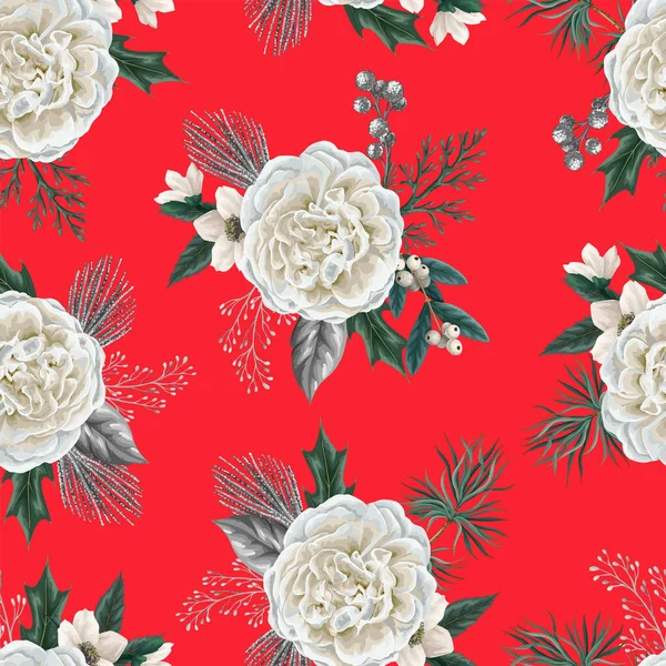 Modèle Noël Sans Couture Avec Des Roses Blanches Des Éléments — Image vectorielle