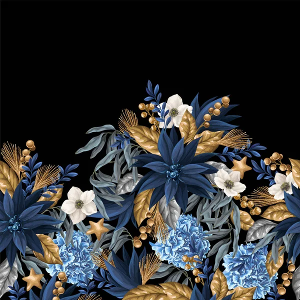 Περίγραμμα Μπλε Poinsettia Και Χρυσά Στοιχεία Διάνυσμα — Διανυσματικό Αρχείο