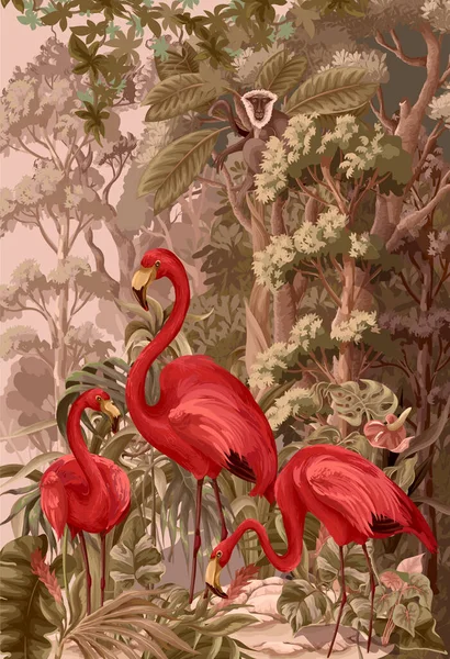 Flamingor Den Tropiska Skogen Vektor — Stock vektor