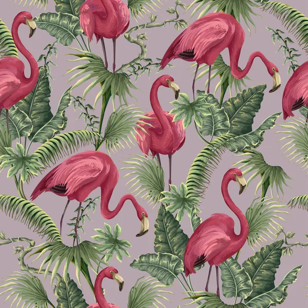 Padrão Sem Costura Com Flamingos Fortaleza Tropical Vetor —  Vetores de Stock