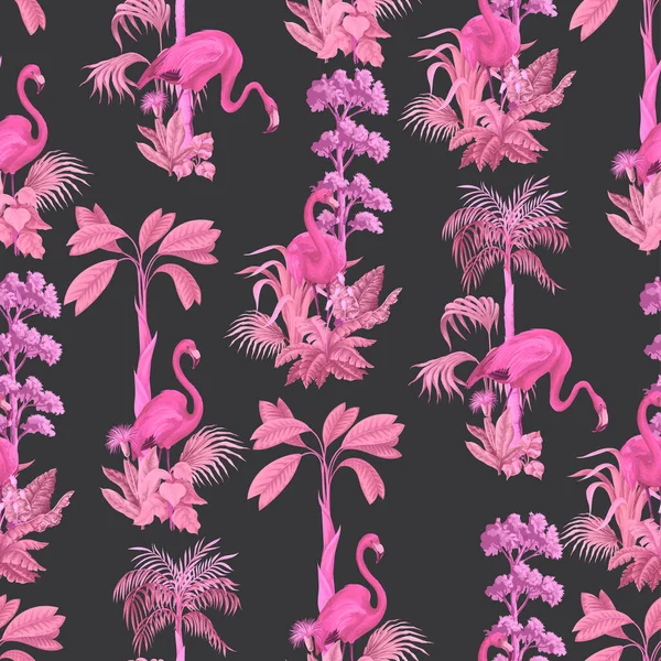 Seamless Pattern Flamingos Tropical Tress Vector — Stock Vector