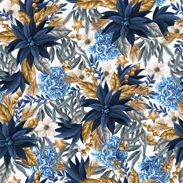 Modèle Sans Couture Avec Poinsettia Bleu Des Éléments Vecteur — Image vectorielle