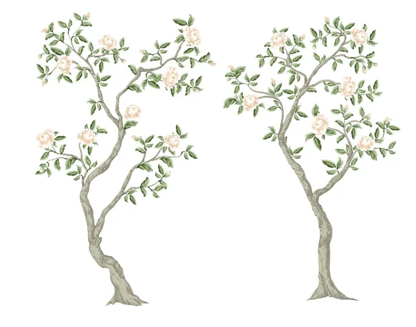 白い牡丹が孤立したシノワズリーの木 ベクトル — ストックベクタ