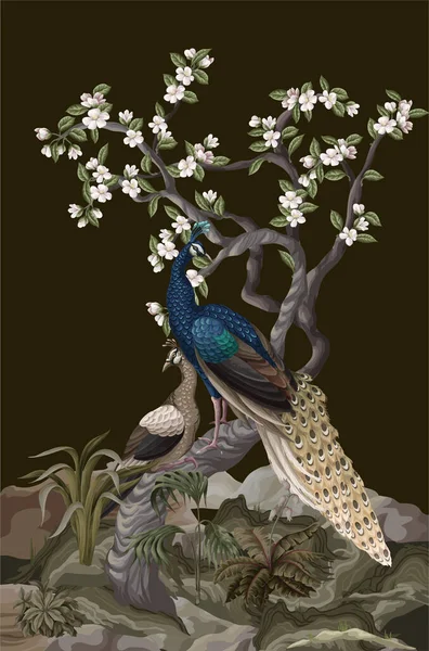 Chinoiserie Τοιχογραφία Παγώνια Και Λουλούδια Δέντρα Διάνυσμα — Διανυσματικό Αρχείο