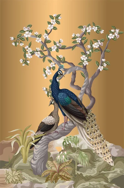 Mural Chinoiserie Com Pavões Árvores Flores Vetor —  Vetores de Stock