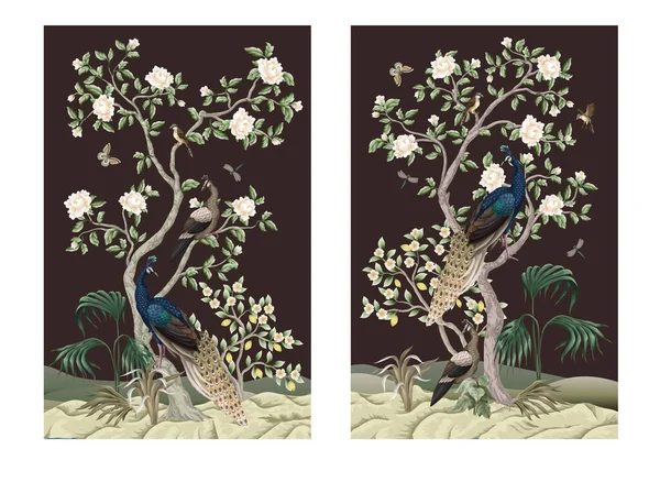 Chinoiserie Τοιχογραφία Παγώνια Και Λουλούδια Δέντρα Διάνυσμα — Διανυσματικό Αρχείο