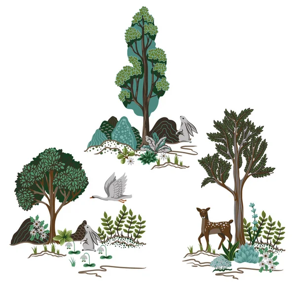 熱帯の木々 動物や植物が隔離された ベクトル — ストックベクタ