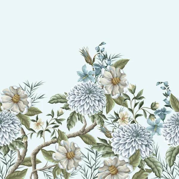 Gräns Med Dahlia Och Magnolia Blommor Vektor — Stock vektor