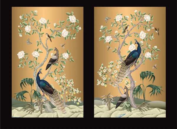 Chinoiserie Mural Pawie Drzewa Kwiatowe Wektor — Wektor stockowy