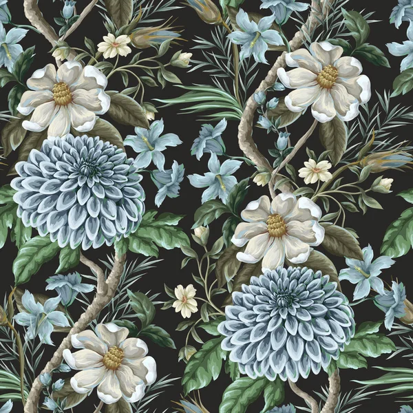 Modèle Sans Couture Avec Des Fleurs Dahlia Magnolia Vecteur — Image vectorielle