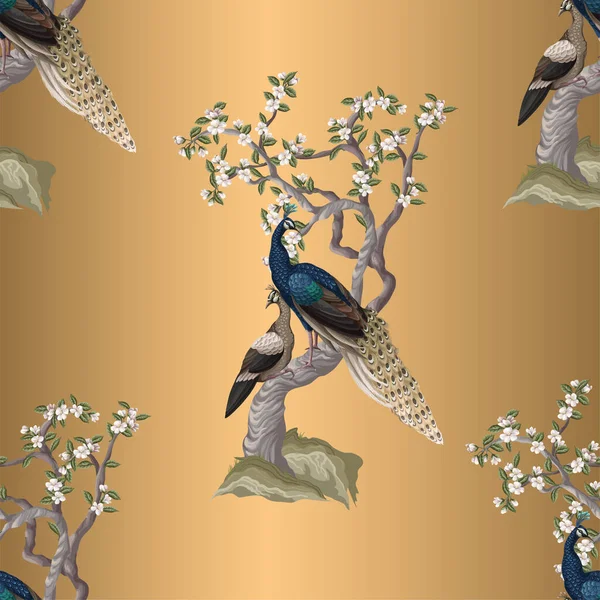 有孔雀和花树的中国式无缝图案 — 图库矢量图片