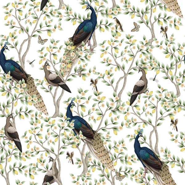 有孔雀和花树的中国式无缝图案 — 图库矢量图片