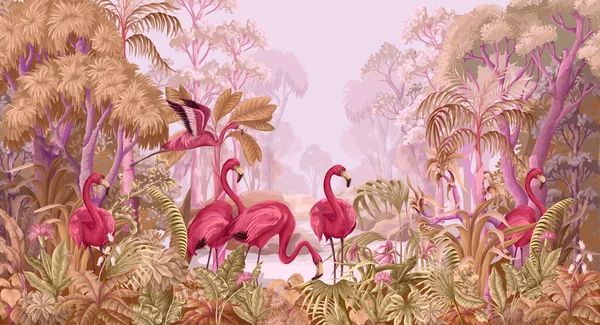 Flamingók Trópusi Erdőben Vektor — Stock Vector