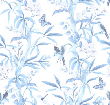 Bambu, kuş ve pembe çiçeklerle kusursuz desen. Vektör