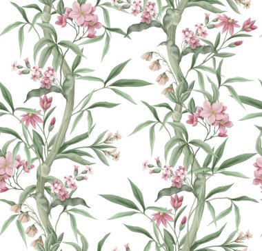 Bambu ve pembe çiçeklerle kusursuz desen. Vektör