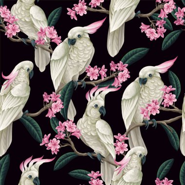 Seamless pattern with cockatoo, tropical leaves and flowers. Vector clipart